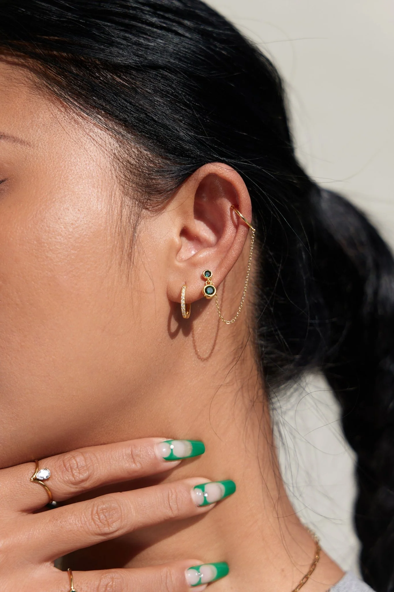 Green Dangle Sterling Earrings in Gold - Image 3