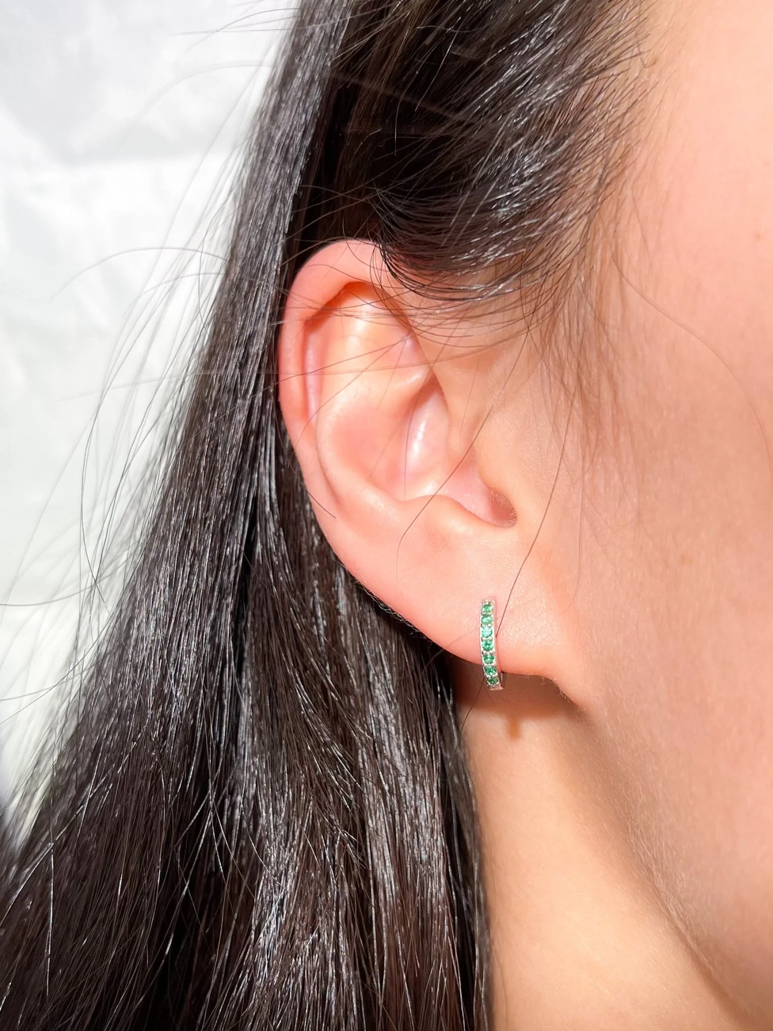 Green Gems Sterling Huggies in Silver - Image 3