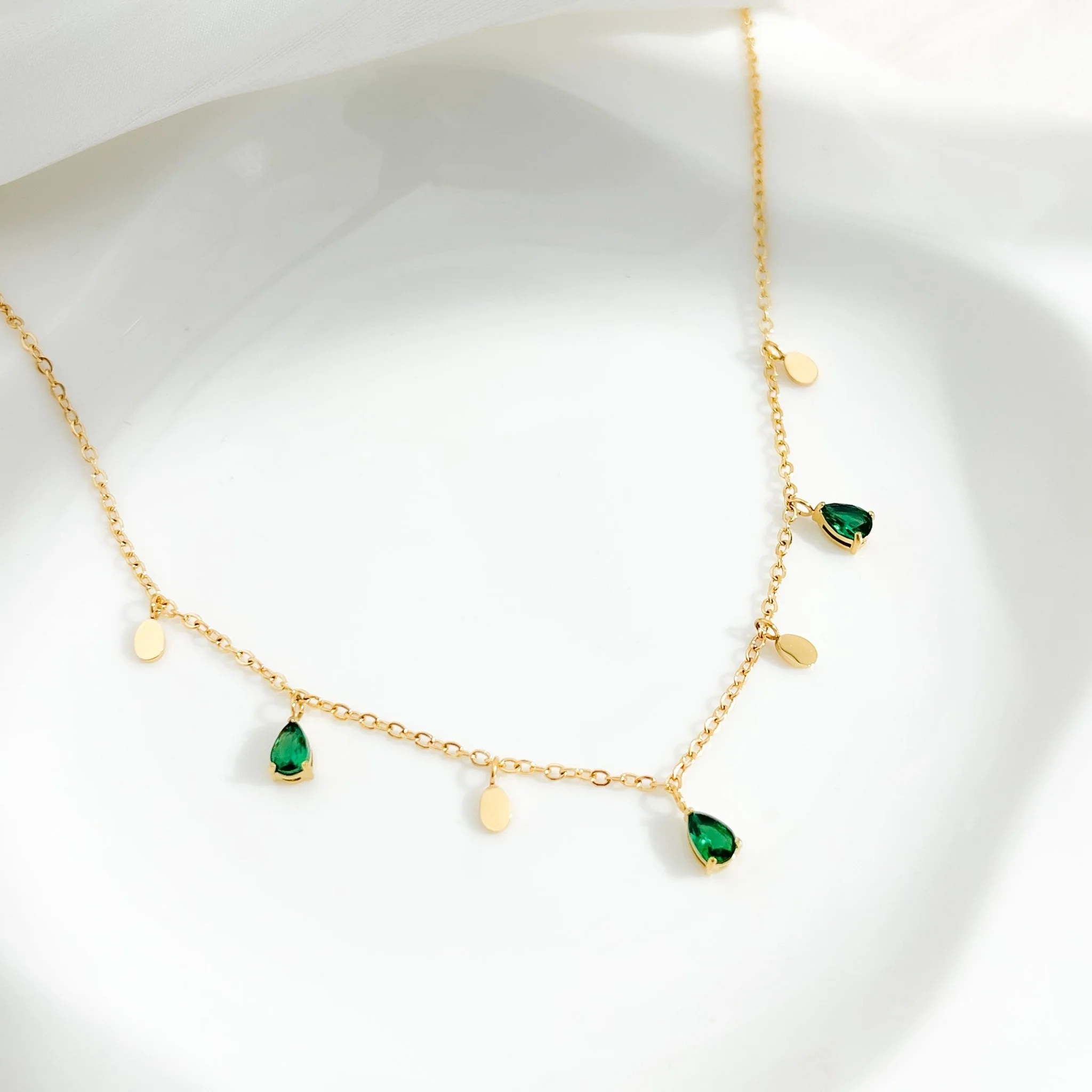 Green Tear Drops Necklace in Gold - Image 3