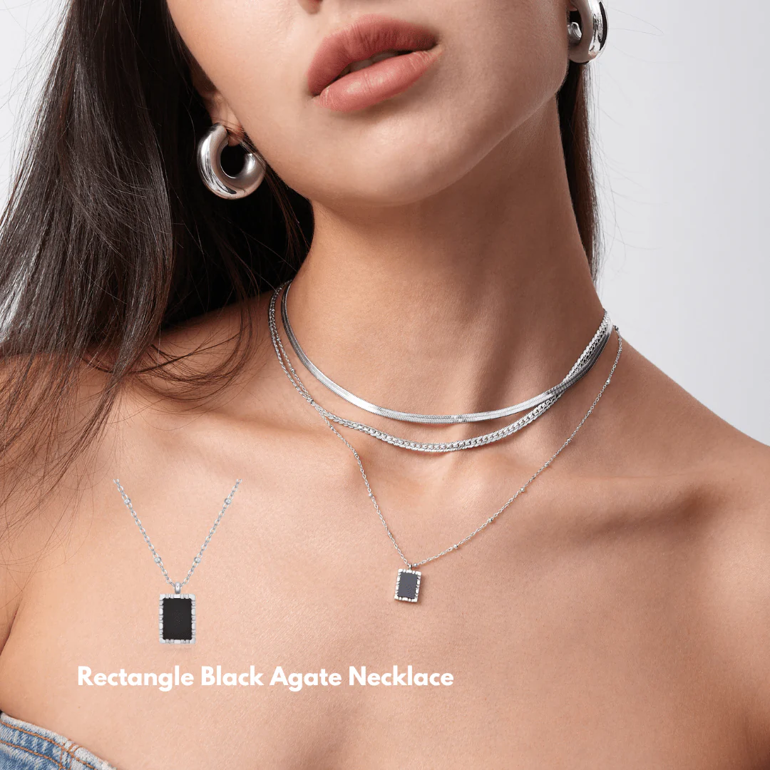 Rectangle Black Agate Pendant Necklace - Image 3