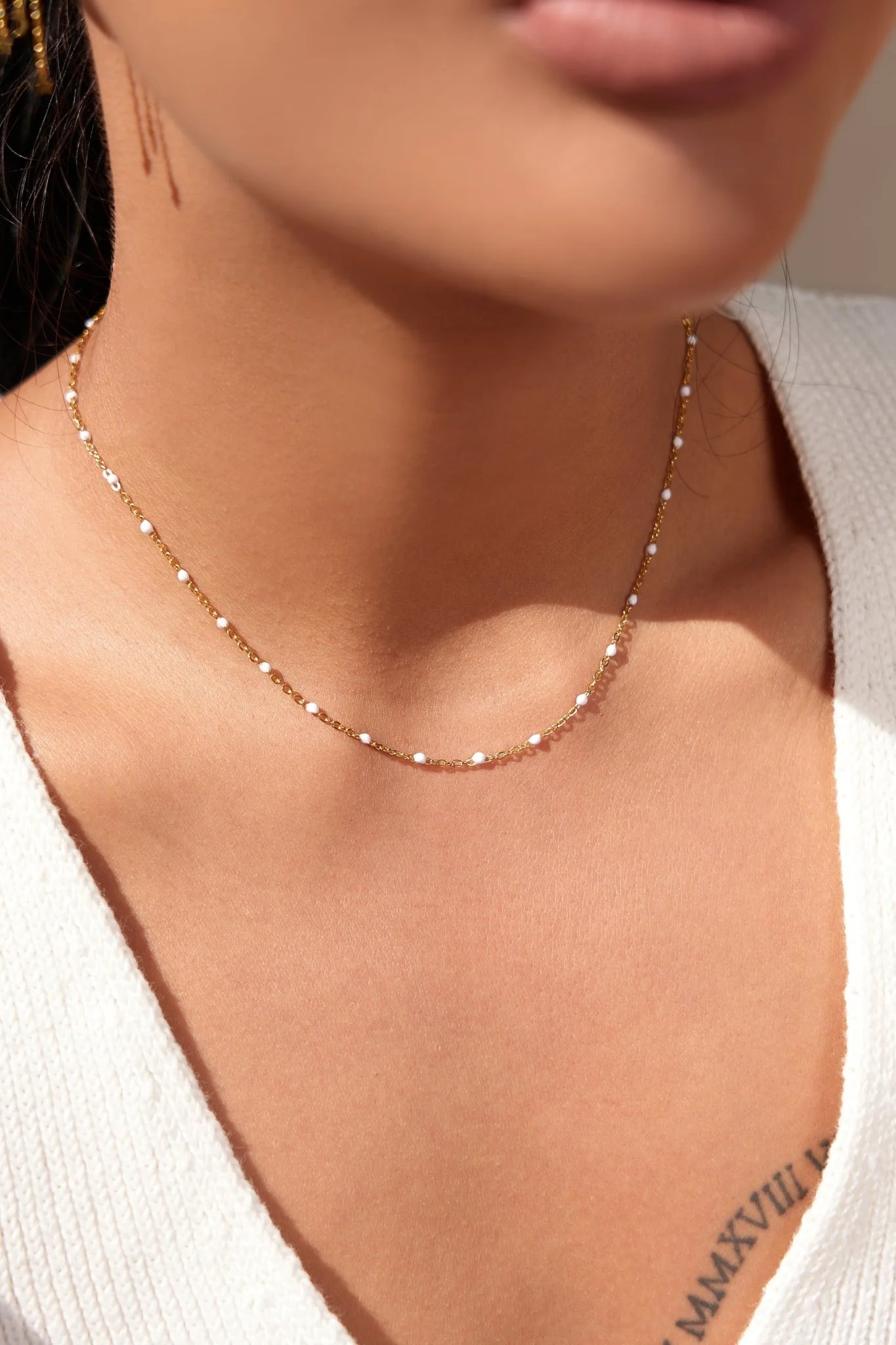 White Enamel Bead Necklace in Gold - Image 6